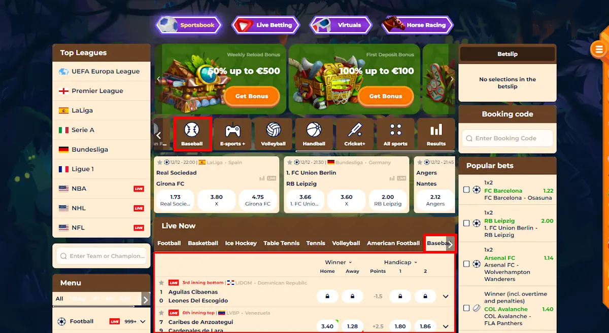 Wazamba Baseball Betting Screenshot